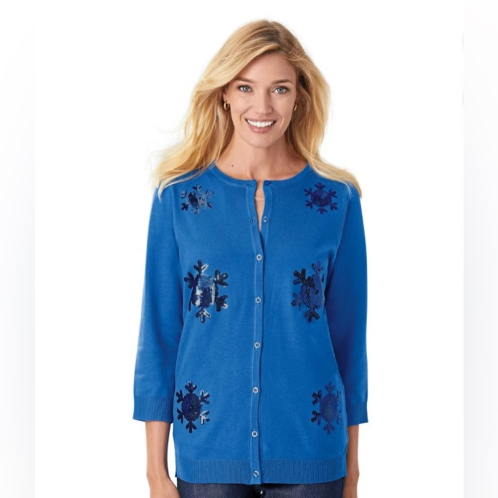 NWOT Sequin Snowflake Cascade Blue Cardigan |Size Medium
